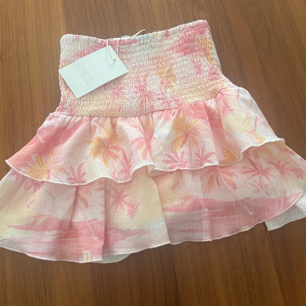 Zara Pink and Cream Tropical Ruffle Skirt size 8-9